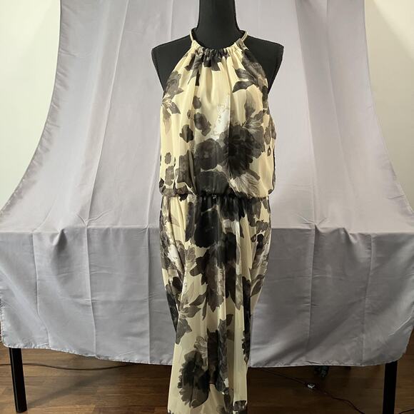 Eliza J Dress Womens 16 Beige Black Floral Maxi Halter Neck Gold Collar Formal - Picture 1 of 16